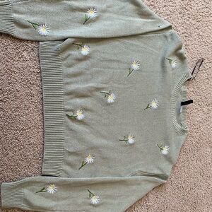 H&M Sage Green Crewneck Sweater with Daisy Embroidery
